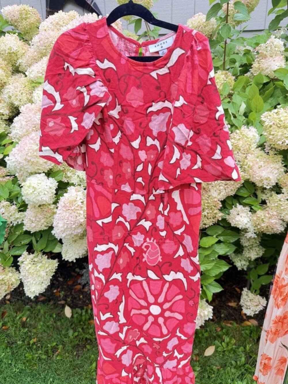 NWOT RHODE Red and Pink Flutter Sleeve Floral Patterned Linen Midi Dress